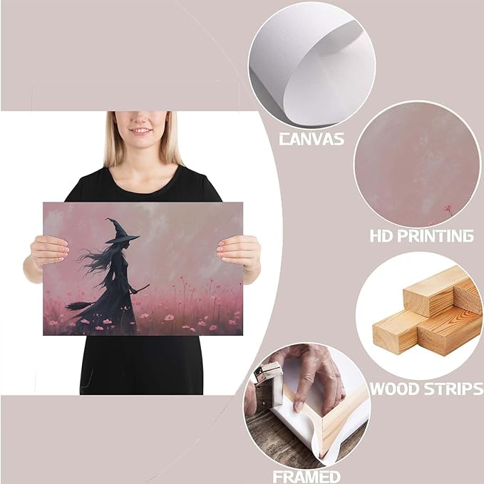 Witch in the pink sea of flowers Halloween prints weird flowers wall art silhouette painting fashionable romantic decoration suitable for bedroom24x36in Wood Framed