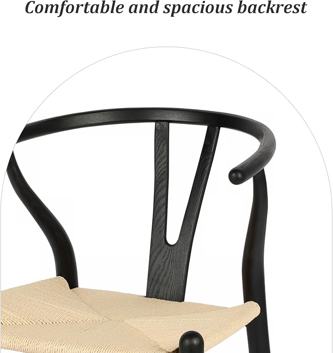 Wishbone Chair Natural Solid Wood Dining Chair/Hans Wegner Y Chair Rattan and Wood Accent Armrest Chairs Set of 2 (Ash Wood - Black + Natural Cord)