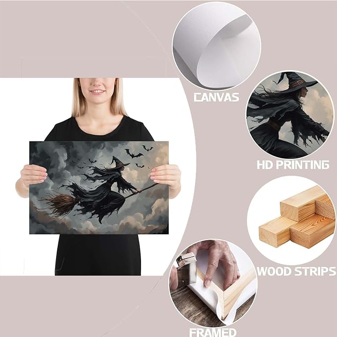 Witch and bat flying Halloween poster suitable for home party wall decoration retro Halloween preppy style wall art canvas print suitable for room decoration24x36in Wood Framed