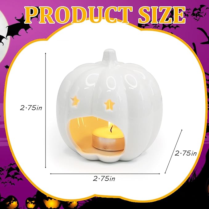 Ceramic White Pumpkin Candle Holder, Halloween Decor Candlestick Holder with Star Hole for Halloween Party, On a Desk at Work, Home Decoration, Daughter Girlfriend Mother Gift