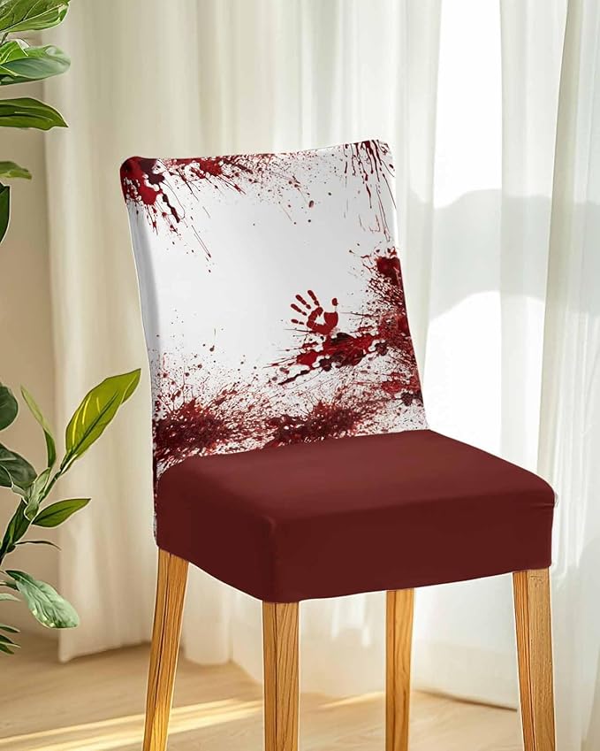 6 Pcs Dining Chair Covers Stretch Spandex Slipcovers Halloween Horror Bloody Handprint Removable Washable Dining Room Seat Cover Cushion Protector for Home Hotel Banquet Decor Red Blood White