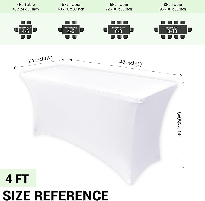 Obstal 4Ft Stretch Spandex Table Cover for Standard Folding Tables - 2 Pack Universal Rectangular Fitted Tablecloth for Party, Banquet, Events, Trade Show (White, 48L x 24W x 30H Inches)