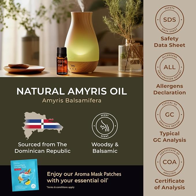 Gya Labs Amyris Essential Oil for Skin - 0.34 Fl Oz - 100% Pure Natural Amyris Oil for Diffuser, Massage, Aromatherapy & Candle Making Scent