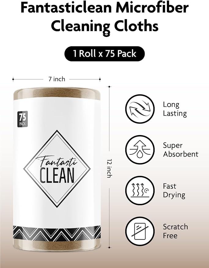 Fantasticlean Microfiber Cleaning Cloth Roll -75 Pack, Tear Away Microfiber Towels, 12" x 12", Reusable, Washable, Scratch Free, Ultra Absorbent Dish Rags for Car, Home, Garage or Shop (TAN)