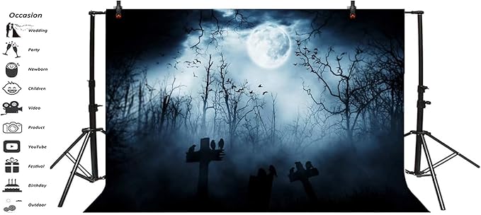 AOFOTO 12x8ft Moon Night Halloween Cemetery Photography Backdrop Flying Bats Birds Stand on Gravestone Cross Graveyard in Dark Forest Photo Background Cloth Vinyl Wallpaper Photo Studio Props