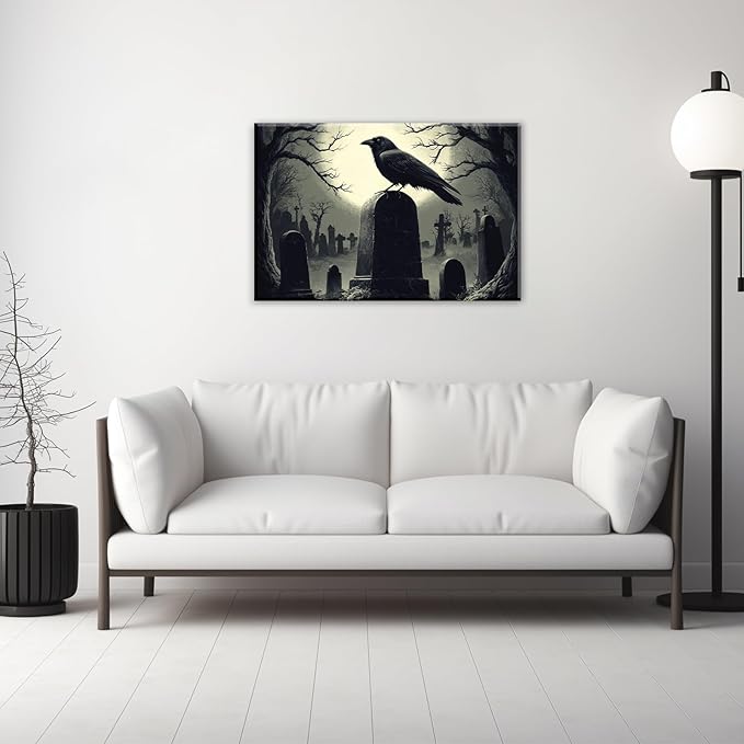 Crow Canvas Wall Art Gothic Black Bird On Branch Painting Print Spooky Forest Full Moon Scenery Poster Artwork Framed Halloween Home Decor(Artwork-3,28"x42")