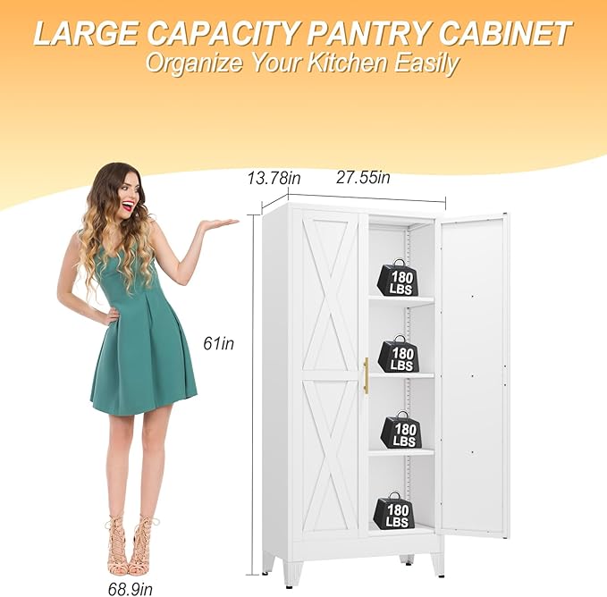 61" H Metal Kitchen Pantry Storage Cabinet, Freestanding Cupboard with 2 Doors and 3 Adjustable Shelves, Standing Storage for Kitchen, Bathroom, Garage, Dinning Room or Utility Room(White)