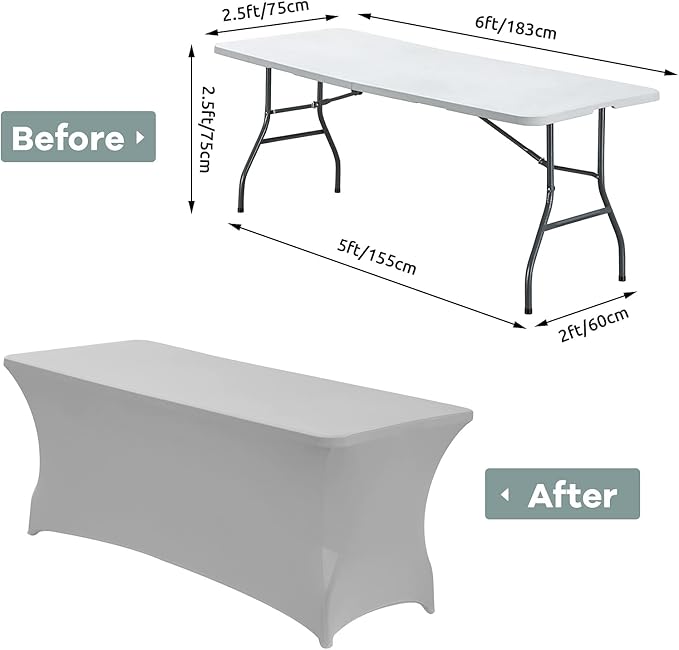 CWK 6FT Waterproof Stretch Spandex Table Cover for Rectangular Tables - Elastic Fitted Tablecloth for Folding Tables,Wrinkle Resistant Table Cloth for Parties, Weddings, Banquets & Events (Silver)