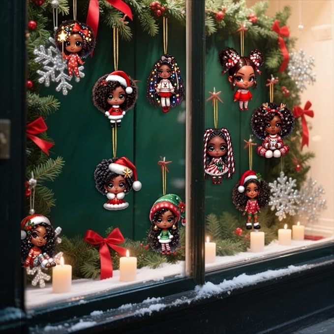 16pcs African American Black Chibi Girl Ornaments - Xmas/Christmas Wooden Decor, Gift Boxed for New Year/Carnival | Home/Window/Tree/Office/Classroom/Wine Bottle Party Deco, Black Heritage Pendants