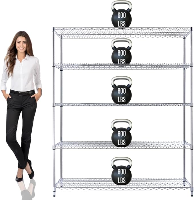 60"x24"x72" PRIME HEAVY DUTY Chrome 5-Tier Wire Shelving NSF 3000 LBS MAX Capacity Storage Rack for Commercial, School, Home, Garage, Warehouse, Industrial, and Hospital Uses (with Wheels)