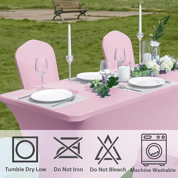 Craft And Party 2 Pack 8ft Light Pink Spandex Tablecloth – Fitted Stretch Cover – Universal Fit for Folding Tables – Wrinkle-Free, Washable – Ideal for Parties, Weddings, Events