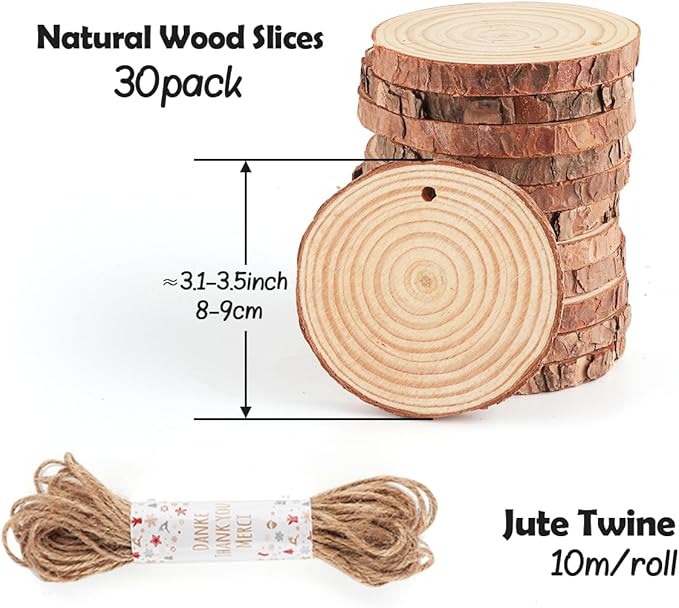 30 Pcs Wooden Discs for Crafts,3.1''-3.5'' Wood Circles for Crafts, Wood Slices for Painting DIY Christmas Ornaments Party Wall Home Wedding Decor