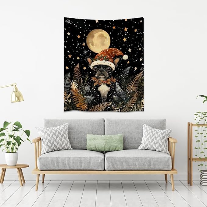 French Bulldog Christmas Tapestry Wall Hanging Cute Dog Santa Hat Moon Pictures Print Pet Lover Gift Funny Christmas Tapestries Aesthetic for Winter Home Nursery Kids Bedroom Decor 70x90inch