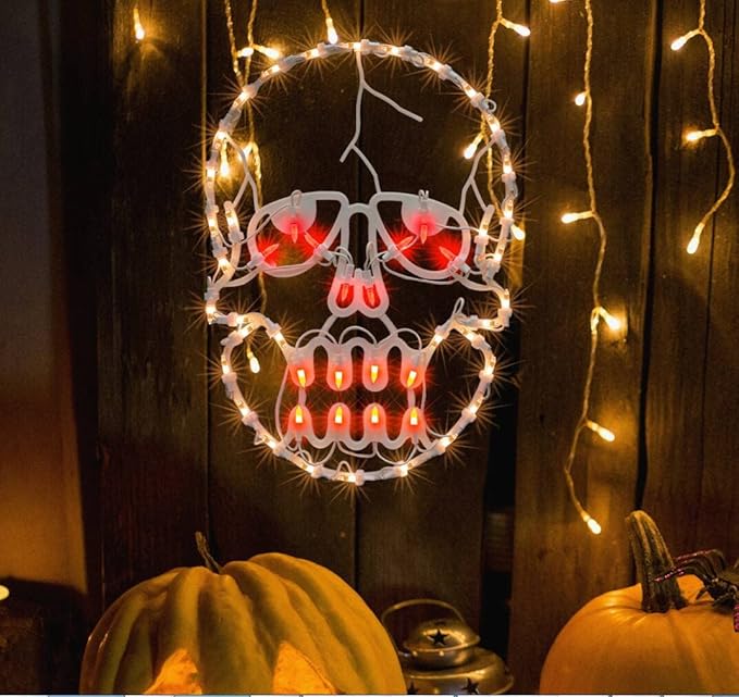 13.3" Lighted Skull Halloween Window Silhouette Decoration,Halloween Lighted Window Decoration,Hanging Light Up Holiday Ornament (Skull Light)