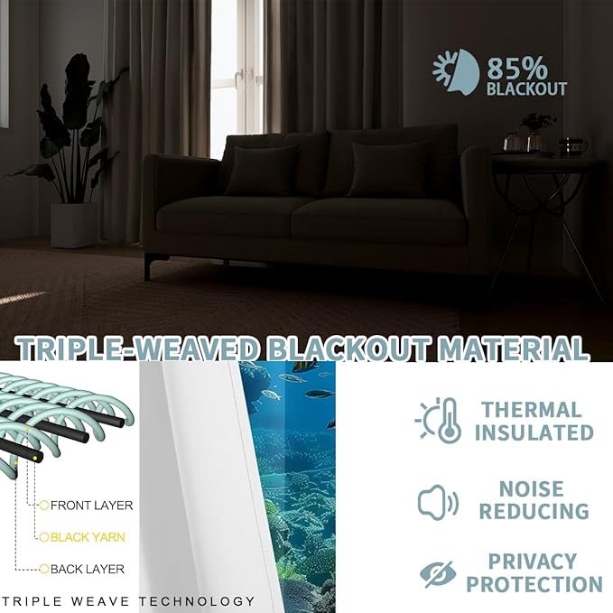 Ocean Fishs Blackout Curtains for Girls Boys Home Decor, Underwater Tropical Fish Undersea Coral Grommet Thermal Insulated Drapes Darkening Window Curtain for Bedroom Living Room, 42 x 63 Inch