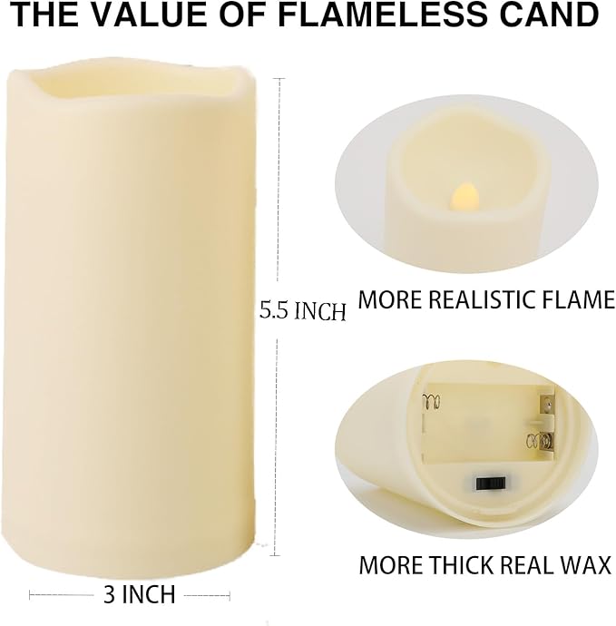12PACK Outdoor Plastic flameless Candles with Remote Control and Timer, LED Flickering Battery Operated Electric Pillar Candles (D3 xH5.5) for Camping, Weddings, Home Decoration