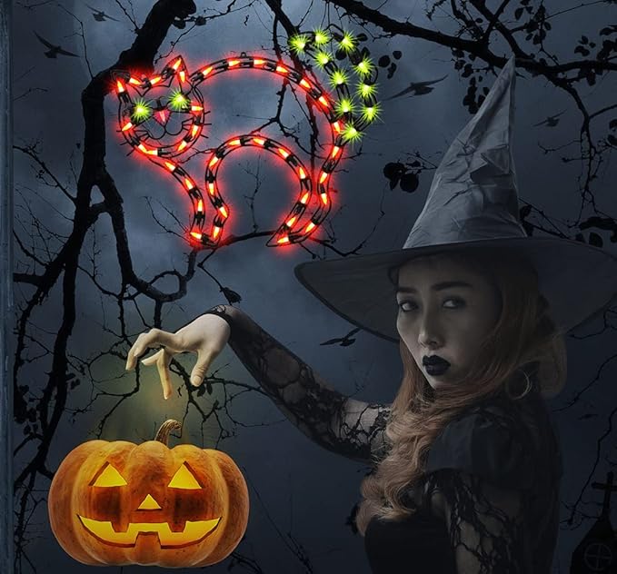 17" Lighted CAT Halloween Window Silhouette Decoration,Halloween Lighted Window Decoration,Hanging Light Up Holiday Ornament,Cat Light