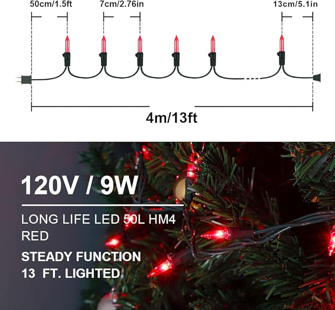 Hopolon 50 Red Christmas Lights, 2PACK Green Wire 13 Feet Long String Lights Set for Outdoor Indoor Dรฉcor, Valentines Day, Wedding, Halloween, Christmas Trees, Holiday Lighting Decor(2pcs Red)
