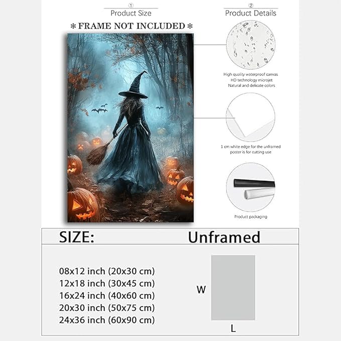 Vintage Moody Halloween Witch Artwork Wall Decor,Spooky Halloween Gothic Canvas Artwork Creepy Horror Witch with A Broom Pumpkin Bats Rustic Forest Picture,Dark Academia Poster,16"x24" Unframed