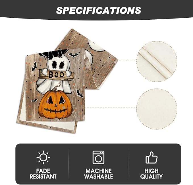 Artoid Mode Jack-O'-Lantern Ghost Pumpkin Cat Boo Halloween Table Runner, Bat Seasonal Kitchen Dining Table Decoration for Home Party Decor 13x72 Inch