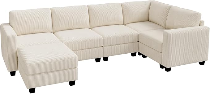HONBAY U-Shaped Corduroy Sectional Couch with 6 Seaters Modular Sectional Sofa with Storage Ottoman Sectional Couches for Living Room, Beige
