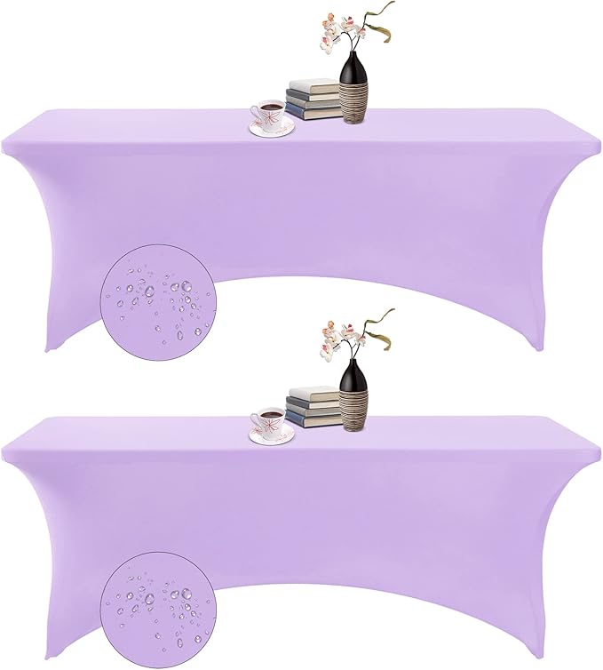 2Pack Spandex Waterproof Table Covers 8ft,Spandex 8ft Waterproof Table Cover for Party,Wedding, Banquet, and Events(Lavender)