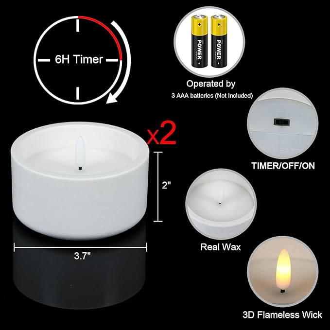 GenSwin White Flameless Pillar Candles with Timer, 2 Pack LED Flickering Candles with Concrete Holder and Real Wax Imitate Scented Candle Shaped for Wedding Homer Decor
