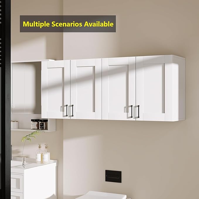 White Laundry Room Cabinets and Storage with 4 Doors and Utility Adjustable Shelf,Gabinetes Para Cocina Cupboard Kitchen Organizers and Storage Pantry Wall Mounted 12.4"D x 47.2"W x 19.7"H