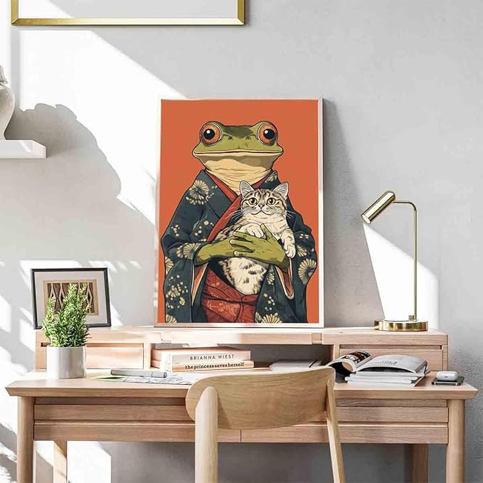 Japanese Frog Wall Art Funny Frog Posters Cute Cat Poster Japanese Cat Poster Funny Animal Wall Art Retro Animal Prints Whimsical Prints Aesthetics Vintage Abstract Painting Decor 16x24inch No Frame