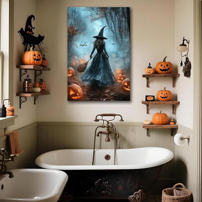 Vintage Moody Halloween Witch Artwork Wall Decor,Spooky Halloween Gothic Canvas Artwork Creepy Horror Witch with A Broom Pumpkin Bats Rustic Forest Picture,Dark Academia Poster,12"x18" Framed
