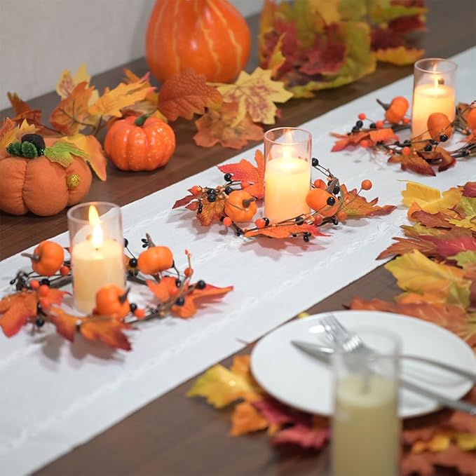 3pcs Fall Candle Rings Wreaths Autumn Maple Leaves Pumpkins Berries Candle Holder Rings Mini Wreaths Decorations for Tables Centerpieces Halloween Thanksgiving Harvest Christmas Home Kitchen Decor