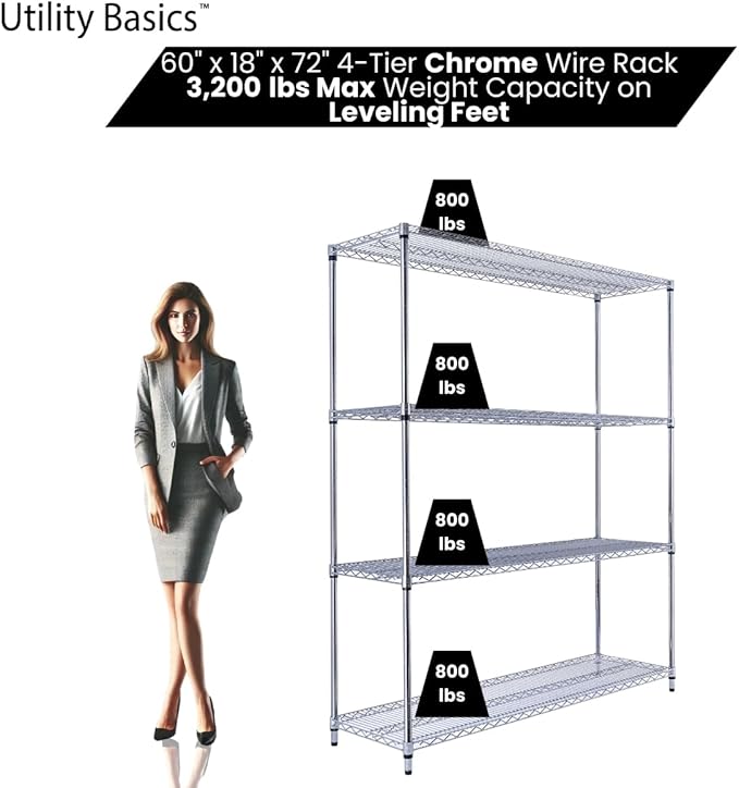 60"x18"x72" Chrome Premium Metal Steel Wire Shelving 4-Tier NSF 3200 LBS MAX Capacity Heavy Duty Storage Rack for Garages, Commercial Spaces, Hospitals, & Schools w/Premium Wheels