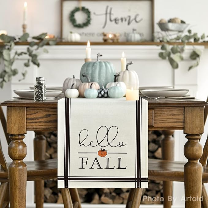 Artoid Mode Hello Fall Pumpkin Table Runner, Seasonal Harvest Vintage Thanksgiving Kitchen Dining Table Decoration for Indoor Outdoor Home Party Decor 13 x 90 Inch