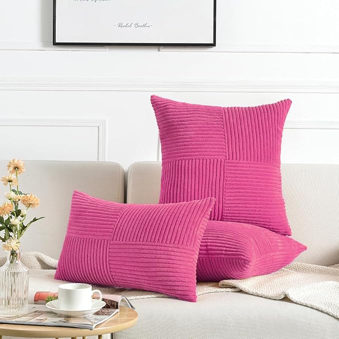 Fancy Homi 2 Packs Hot Pink Decorative Throw Pillow Covers 18x18 Inch for Living Room Couch Bed Sofa, Rustic Farmhouse Boho Home Decor, Soft Corss Corduroy Patchwork Textured Cushion Case 45x45 cm