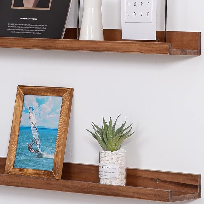 AZSKY 36 Inch Floating Book Shelves Rustic Wood Wall Picture Ledge Shelf for Storage Light Walnut Wall Mounted Picture Photo Display Shelf a Set of 3 Hanging Book Shelf