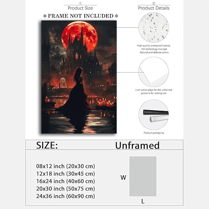 Halloween Witch Poster Canvas Prints Art Vintage Decor,Red Castle Blood Moon and Witch Scene Gothic Painting,Rustic Dark Academia Wall Art for Bathroom Spooky Living Room Wall Decor,16"x24" Unframed