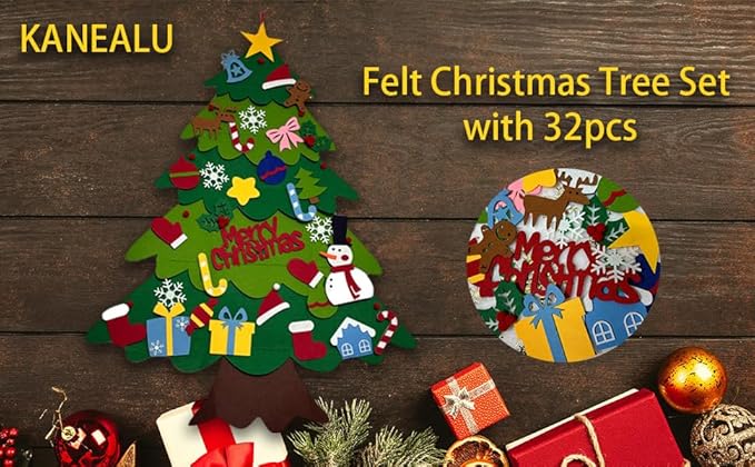 Felt Christmas Tree Set with 32pcs Ornaments, 3.2 feet Wall Hanging DIY Christmas Tree for Kids,Activities