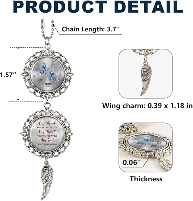 Memorial Car Rearview Ornament with Custom Names - My Mind Still Talks to You with Wing Charm Christmas Ornament Car Mirror Hanging Accessories Grieving Remembrance Sympathy Gift for Loss