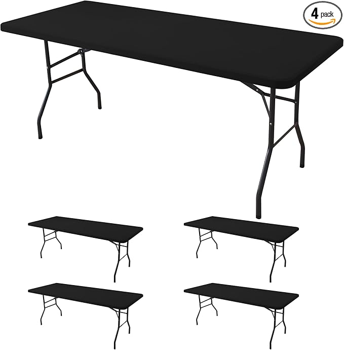 Fitted Tablecloth for 8 Foot Rectangle Tables-4 Pack Black Elastic Outdoor Picnic Table Cover-Spandex Stretch Folding Table Cloths 8ft for Camping Dining Room Patio Kitchen Banquet Party