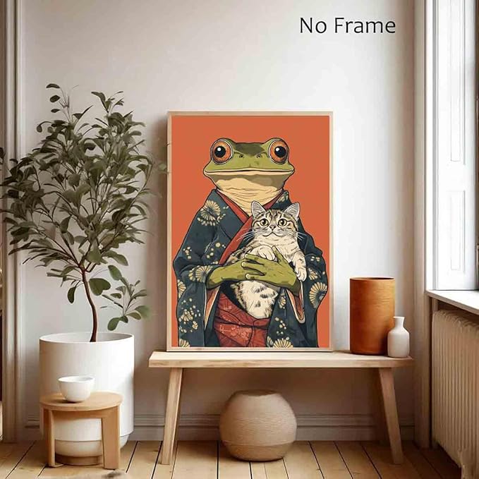 Japanese Frog Wall Art Funny Frog Posters Cute Cat Poster Japanese Cat Poster Funny Animal Wall Art Retro Animal Prints Whimsical Prints Aesthetics Vintage Abstract Painting Decor 16x24inch No Frame