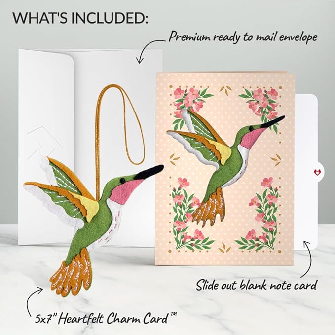 Lovepop Handmade Serene Hummingbird HeartFelt Charm Card | Soft Felt Bird Keychain for Wallet, Handbag, Car Key, Home Decor | Ornaments, Bag Charms, Key Ring, Purse Accessories, Gift Toppers