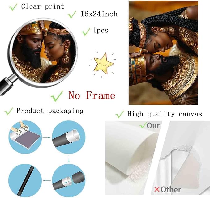 African American Wall Art Canvas King And Queen Wall Art Portrait Black Men And Women Painting Love Black Couple Painting Gold Crown African Woman Picture Abstract Living Room Decor 16x24inch No Frame