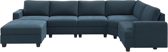 Nolany Sectional Sofa with Storage Ottoman, U Shape Sectional Couch with Chaise, Corduroy Modular Sectional Couches for Living Room, Blue