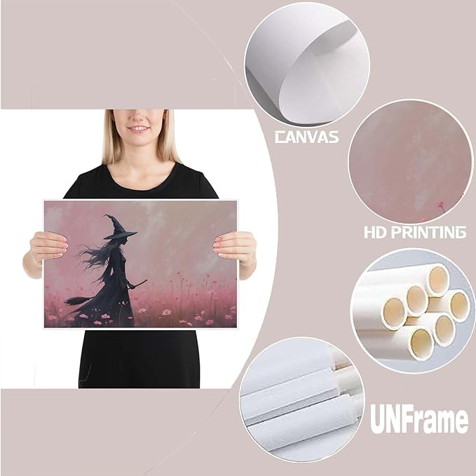 JFHCQJPK Witch in the pink sea of flowers Halloween prints weird flowers wall art silhouette painting fashionable romantic decoration suitable for bedroom16x24in Frameless