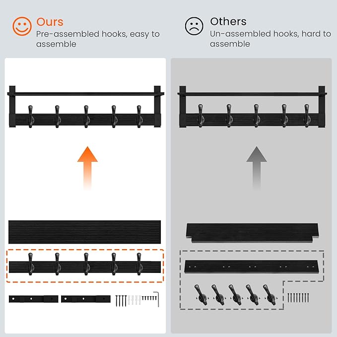 Homode Coat Hanger Wall Mount with Shelf, 29 in Hanging Rack with Storage, Entryway Shelf with Pegs for Hanging Coats, Hats, Towels, Purse, Robes, Black