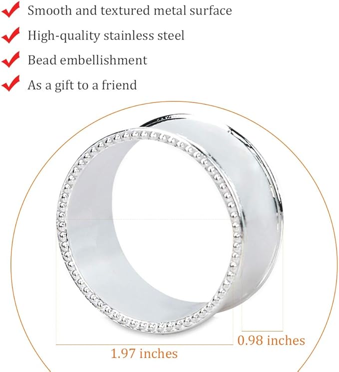12 Pcs Stainless Steel Bead Side Napkin Rings Delicate Serviette Buckles (Silver)
