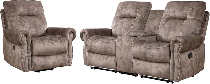 EBELLO 2 Pieces Reclining Couch Furniture Set for Living Room, 1 Seat Power Recliner Chair and a Manual Loveseat with Center Console, Hidden Storage and Cup Holders, Brown