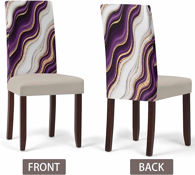 4 Pcs Dining Chair Covers Stretch Spandex Slipcovers Purple Marble Gold Inlay Removable Washable Dining Room Seat Cover Cushion Protector for Home Hotel Banquet Decor Abstract Geometric Stripes