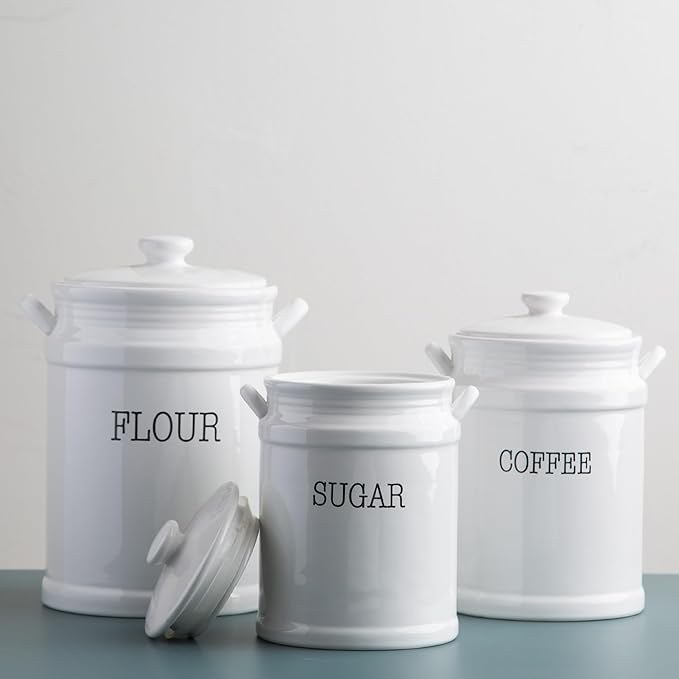 Ceramic Canister Set with Airtight Lids - 3-Piece Kitchen Storage for Flour, Sugar, Coffee, Tea & Spices - Modern Countertop Decor