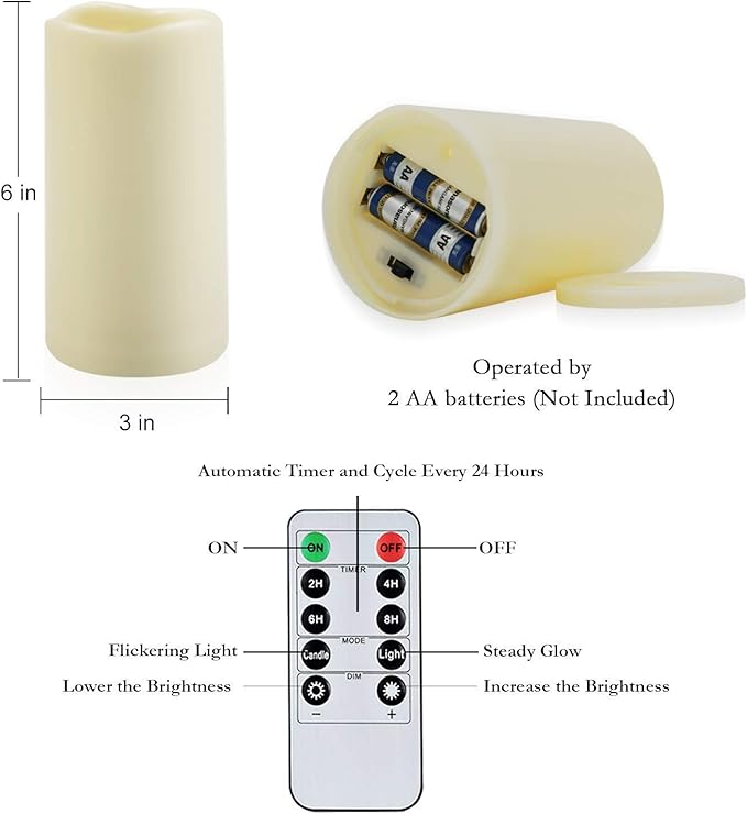Amagic 3" x 6" Waterproof Outdoor Flameless Candles, Battery Operated Candles with Remote and Timer, Flickering LED Pillar Candle for Outside Patio Garden and Indoor Home Decor, Ivory, Set of 2